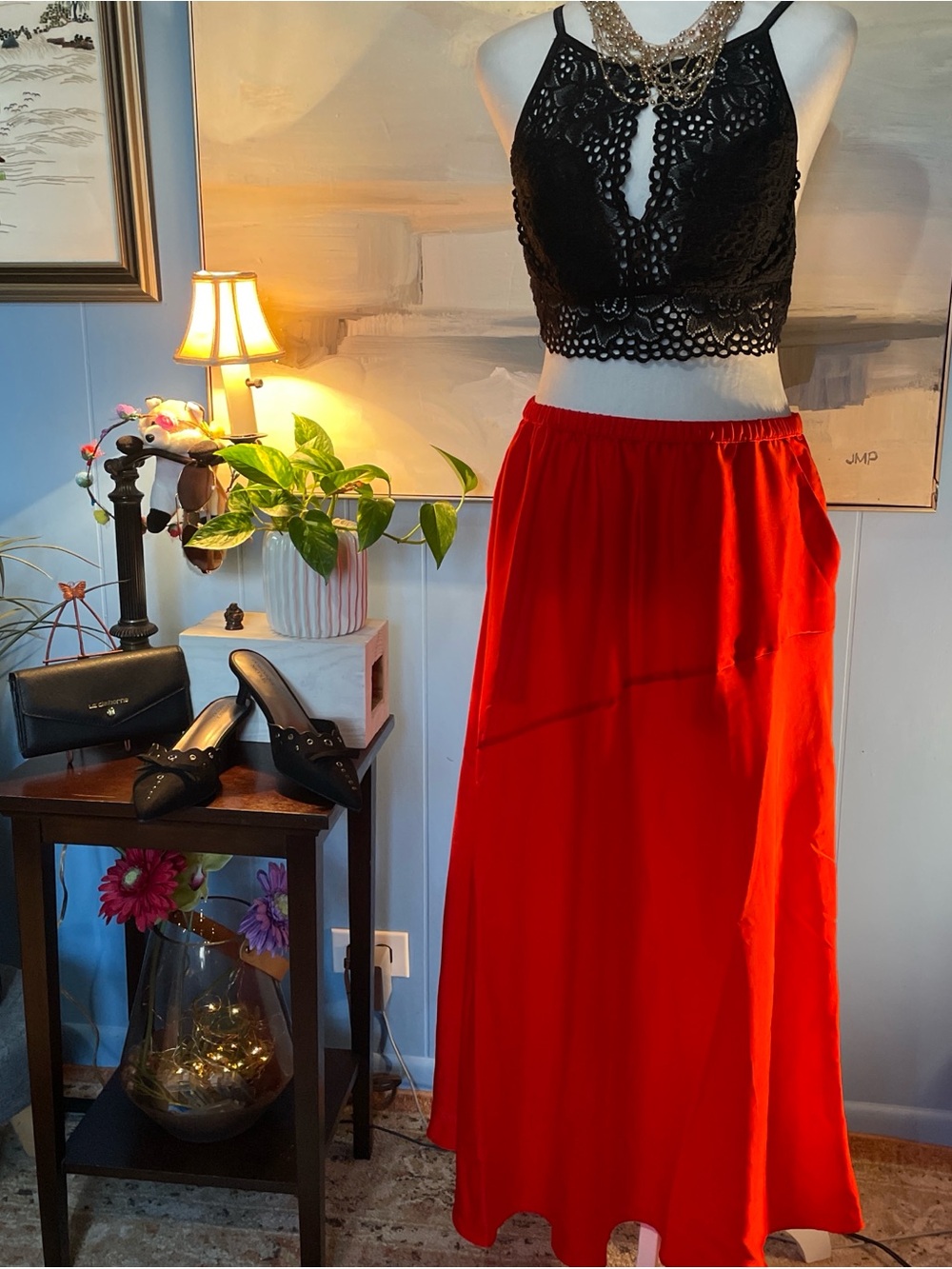 a new day Vibrant Red Maxi Skirt with Elastic Waistband